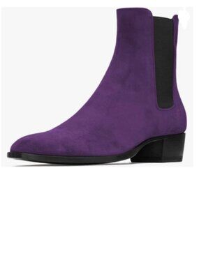 FOWT Purple Men Round Toe Block Low Heel Stretchy Ankle Boots Pull On Boot